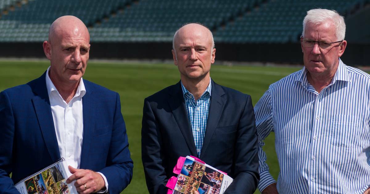 Peter Gutwein, Brett Godfrey and Errol Stewart at the release of the Tasmanian AFL Taskforce report in 2020. 