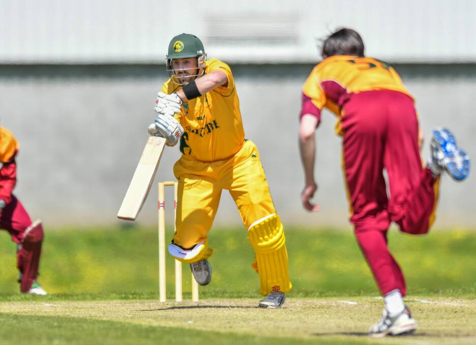 RIVALRY RENEWED: South Launceston batsman Jeremy Jackson pushes into the off side against Westbury in the Greater Northern Cup. 