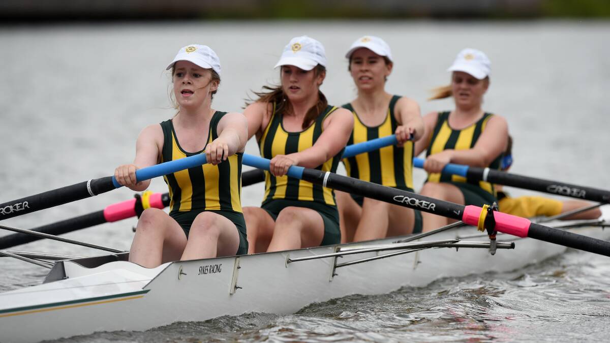 TAMAR TUSSLE: Former St Patrick's College rower Lili Wrigley (second from left) will compete for the University of Tasmania's Northern campus on Saturday. 