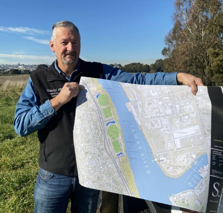 EXPANSIVE: Rosevears Legislative Council candidate David Fry showcases plans to revamp the Tamar River silt ponds. Picture: Supplied