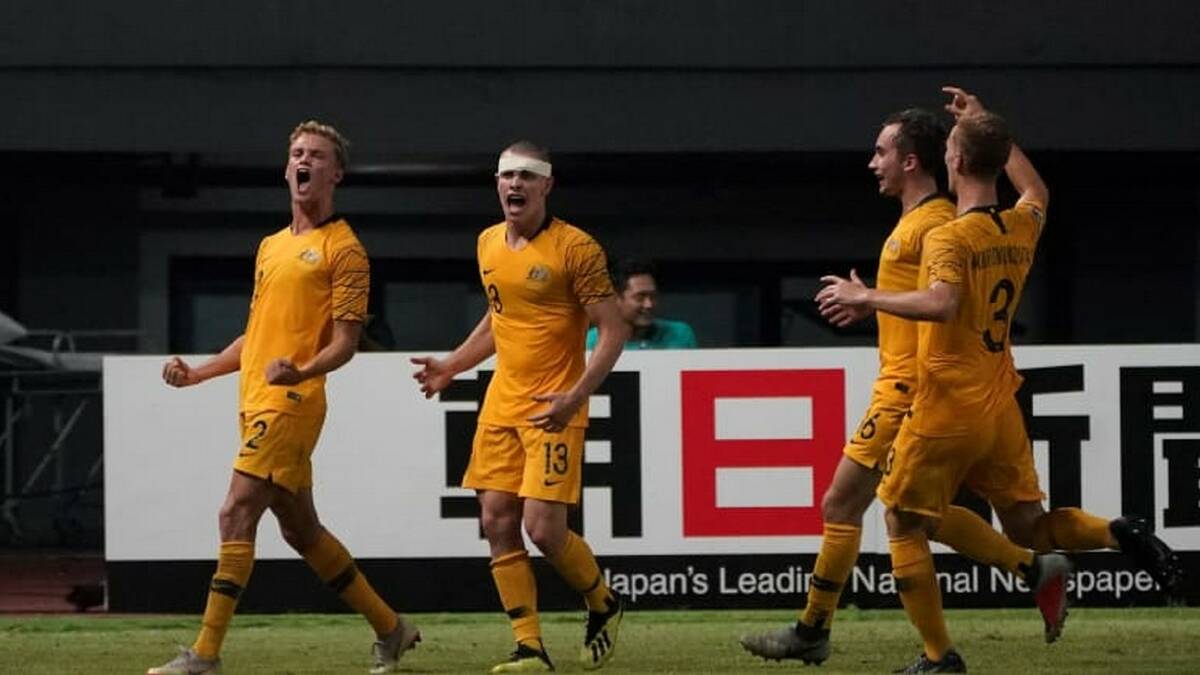 THERE IT IS: Tasmanian Nathaniel Atkinson celebrates his first international goal in the AFC under-19 championship quarter-final loss to Saudi Arabia. Picture: the-afc.com