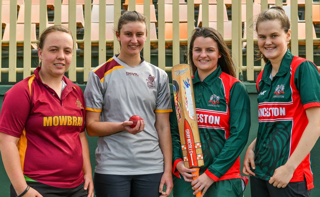 FRIENDLY RIVALS: Mowbray duo Cassie Blair and Dana Lester with Launceston's Stacey Norton-Smith and Georgie Nicolson. Picture: Scott Gelston