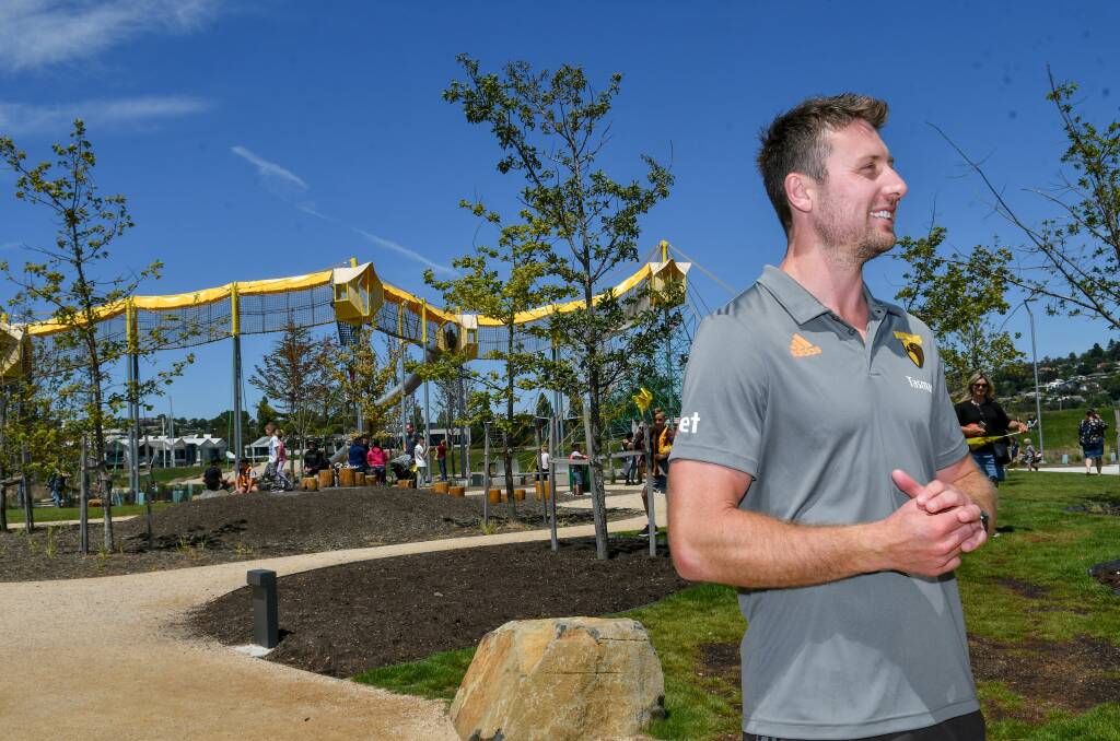 RIGHT AT HOME: Hawk Liam Shiels at Launceston's Riverbend Park. The 28-year-old midfielder hopes Hawthorn will remain in Tasmania beyond 2021. Pictures: Scott Gelston