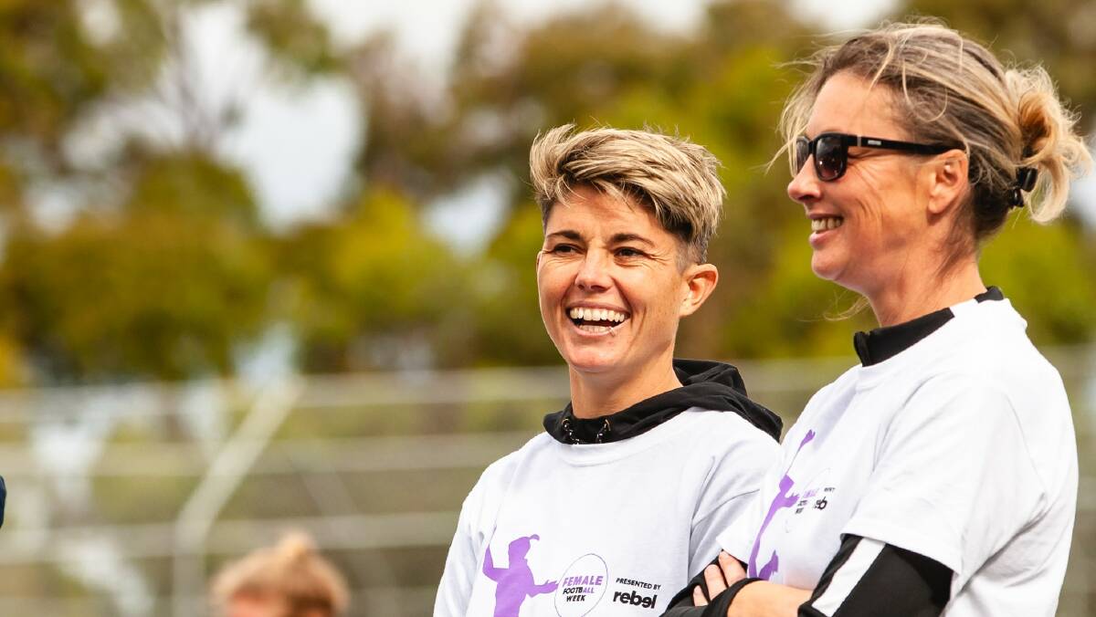 EYE TO THE FUTURE: Football Tasmania's women's development officer Debra Banks (right) with former Matildas striker Michelle Heyman. Picture: Solstice Digital 