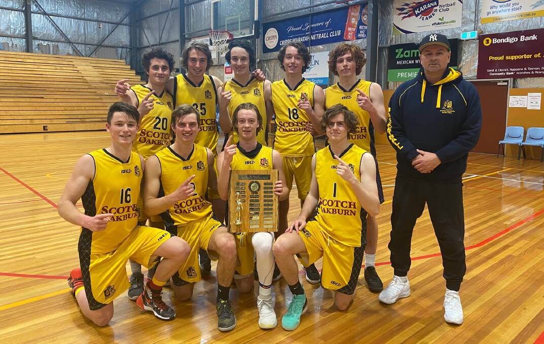 VICTORIOUS: Captain Alex McCowan shows off the SATIS basketball shield after his Scotch Oakburn side edged out Guilford Young College. Picture: Facebook/ Scotch Oakburn College
