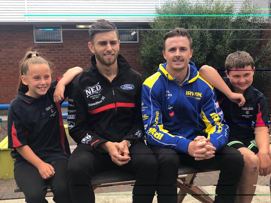 HANGING OUT: Ford's Ned Racing driver Holden driver Andre Heimgartner and 2015 Supercars champion Mark Winterbottom met with Gagebrook Primary and Montrose High students earlier this week. Picture: Supplied