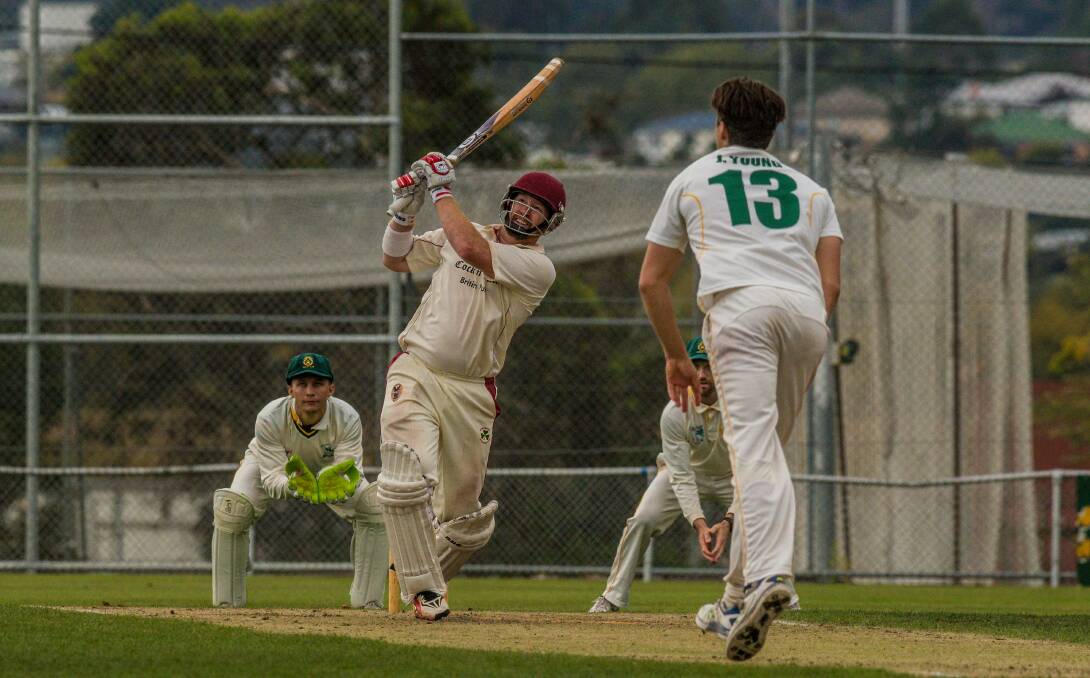 THERE HE GOES AGAIN: Star Westbury batsman Dane Anderson hits out on his way to 108. The knock was his second ton in a Cricket North grand final. Picture: Phillip Biggs 