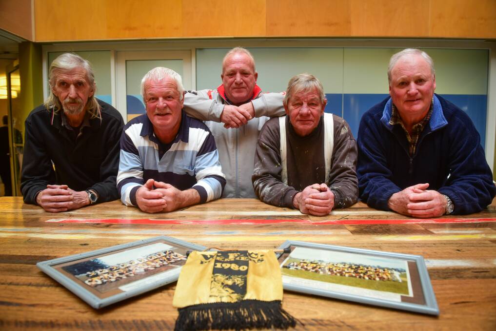 FIGHTING TIGERS: Westbury 1980-81 premiership players Peter Beck, Michael Kennedy, Leigh Watts, Alan Sotheran and Les Watts. The now-defunct club will hold a reunion on August 12. Picture: Paul Scambler 