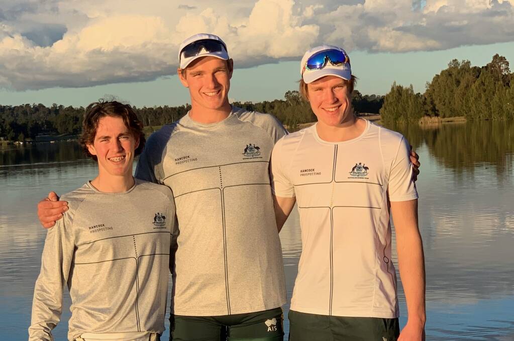 ROW TRIO: Connor Ryan, Jack Barrett and Joseph Wilson take time out from representing Australia's under-21 rowing team. Picture: Supplied