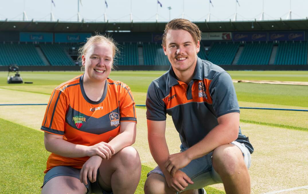 LOCATION, LOCATION, LOCATION: Greater Northern Raiders cricketers Caitlyn Webster and Jake Williams take an early look at the UTAS Stadium pitch. Picture: Phillip Biggs