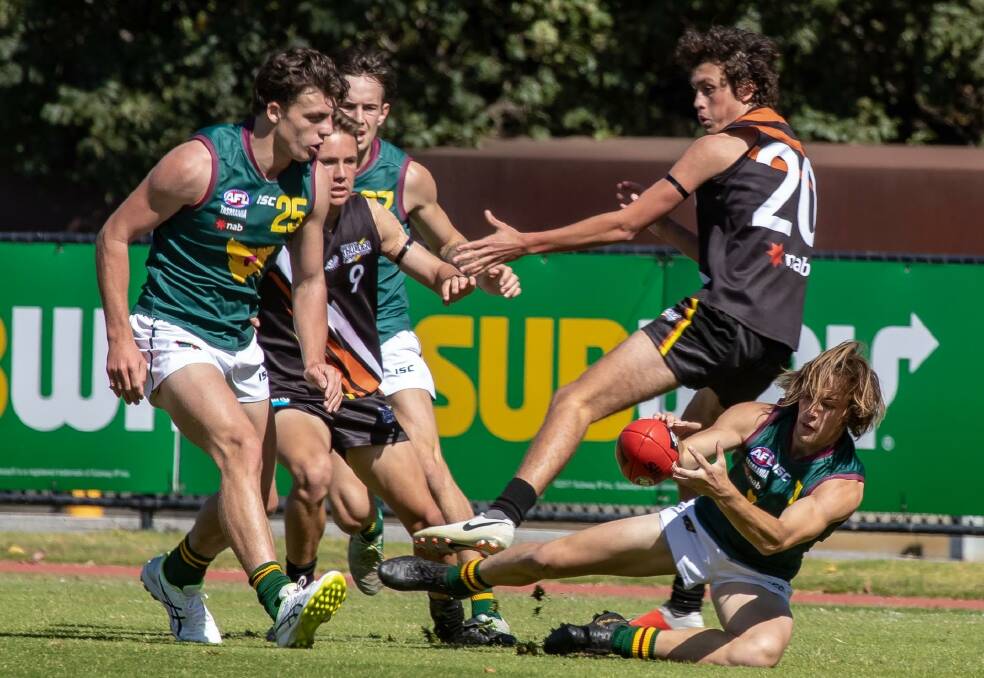 HANDFUL: Tasmania tall Jackson Callow (left) booted five goals in the Devils win over Northern Territory. Picture: Simon O'Neill 
