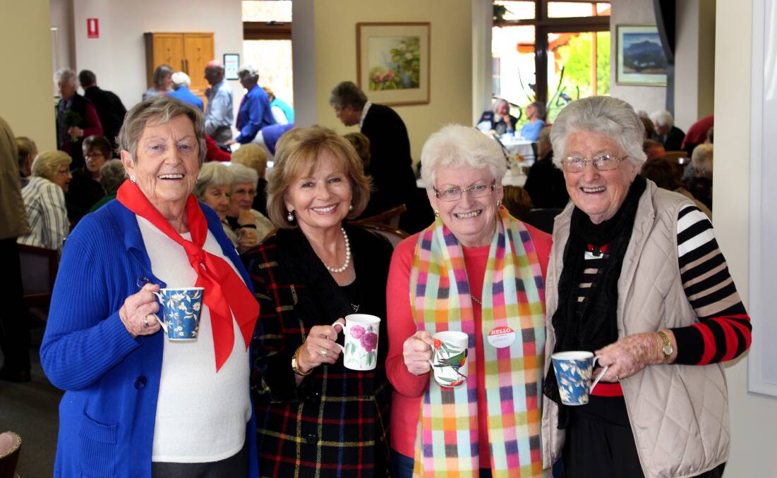 GRINDELWALD GRINNERS: Elaine Till, West Tamar mayor Christina Holmdahl, Lorraine Murray and Melvie Lester share a cup of tea at Wednesday's Biggest Morning Tea event. Picture: Hamish Geale 
