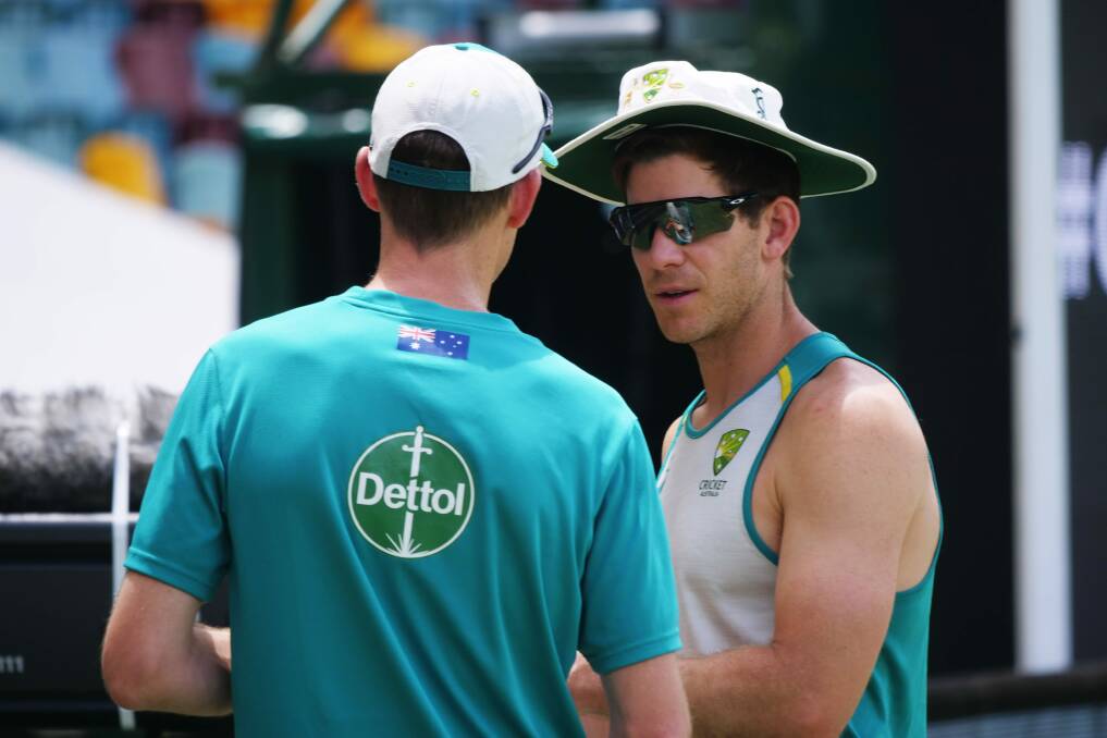 MAN FOR THE JOB: Australian skipper Tim Paine talks to Ben Oliver at training. Picture: Supplied 