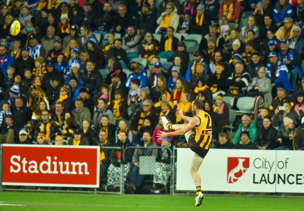 KICKING GOALS: Hawthorn skipper Jarryd Roughead slots a six-pointer in front of 14,509 in last season's clash with North Melbourne, a match perhaps prematurely billed as Luke Hodge's Tasmanian farewell. Picture: Scott Gelston