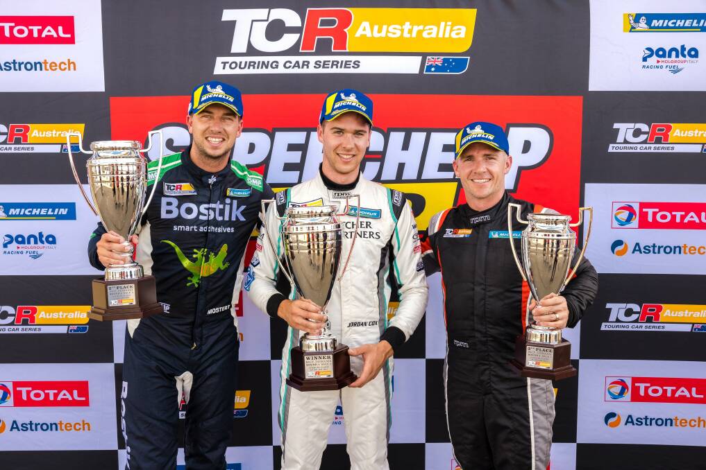 TROPHY TRIO: Chaz Mostert, Jordan Cox and Lee Holdsworth shared both TCR podiums. Pictures: Phillip Biggs and Daniel Kalisz