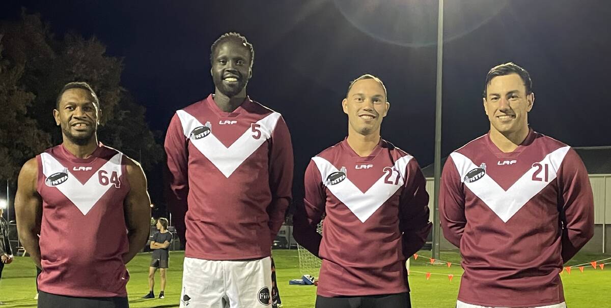 HONOURING THE PAST: East Coast's Toby Omenihu, Majak Miar, Chae Evans and Ethan Goldfinch showcase the Pioneer-Gladstone guernseys. Pictures: Supplied