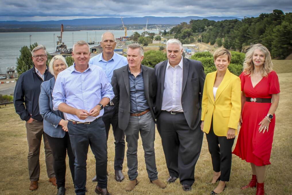 Liberal MP Simon Wood, BBAMZ boss Susie Bower, Premier Jeremy Rockliff, Energy Minister Nick Duigan, Federal Energy Minister Chris Bowen, Labor Lyons MP Brian Mitchell, Assistant Federal Energy Minister Jenny McAllister and Labor Senator Helen Polley at Bell Bay. Picture by Hamish Geale