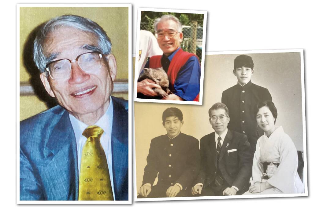 Dr Takuji Okazaki pictured in Launceston in 2000 (left), getting up close and personal with Tasmanian wildlife (above) and with his family in 1968 (right). Pictures supplied