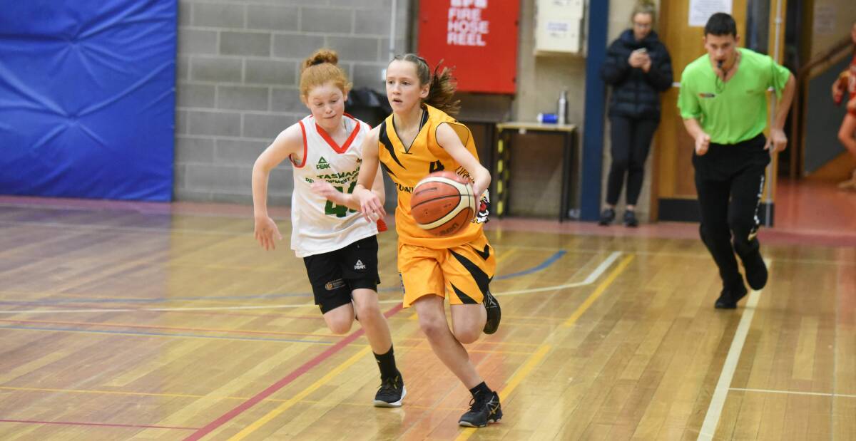 SHADOW: Burnie Tigers under-14s' Georgina Hardstaff dribbles up the court under close watch from FDP basketballer Claire Murray. Pictures: Paul Scambler
