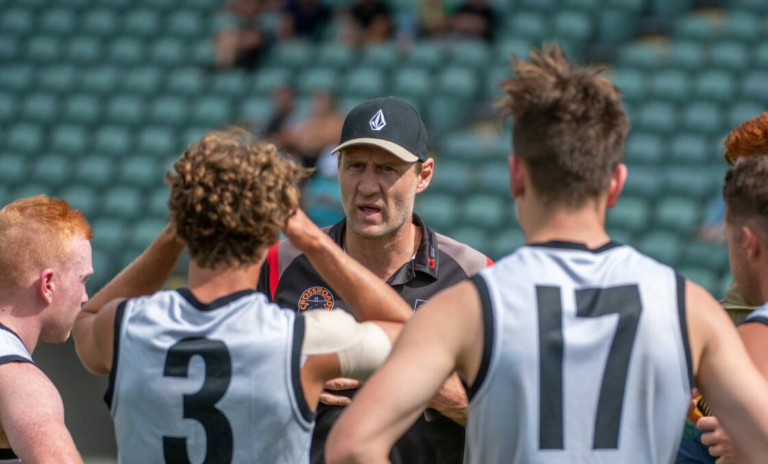 BOMBER BOSS: North Launceston's head of coaching and development Jay Schulz addresses the senior group. Picture: Paul Scambler 