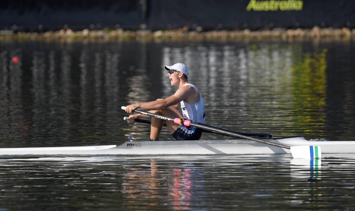 GOLD: North Esk 19-year-old Jack Barrett crosses the line first in the under-21 men's single scull at the Sydney International Rowing Regatta. Picture: Rowing Australia