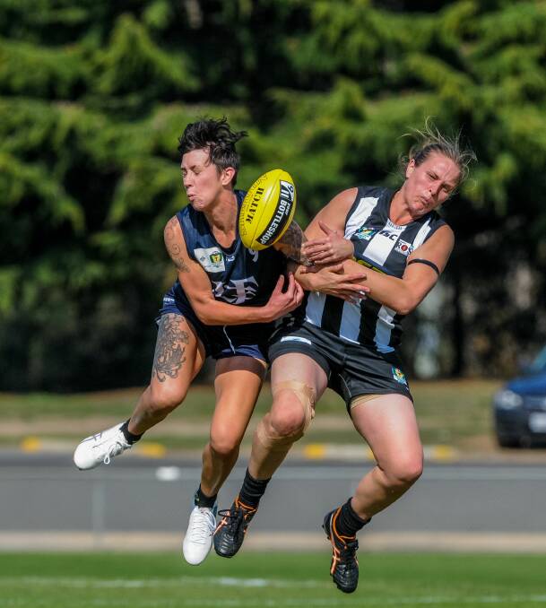 BODY CLASH: Launceston defender Chanette Thuringer gets physical in her side's 22-point round one win over Glenorchy. Picture: Neil Richardson