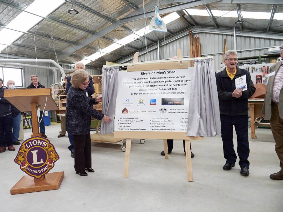 CURTAIN CALL: West Tamar Council mayor Christina Holmdahl completes the formalities at the opening of the Riverside Men's Shed. Picture: Rod Thompson