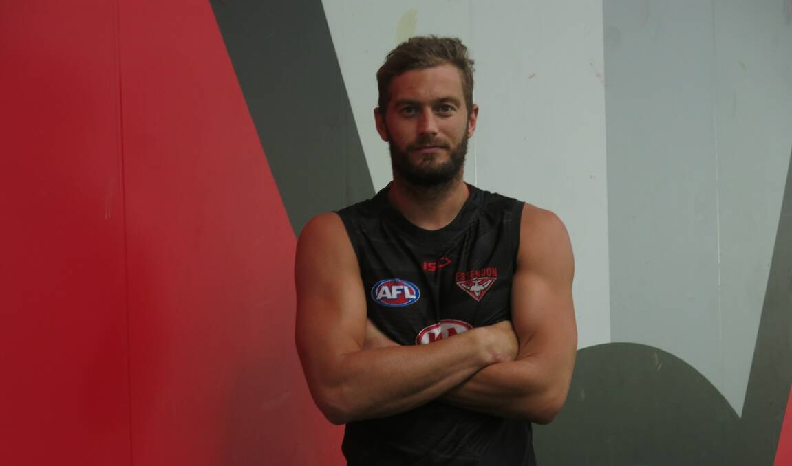 BIG BOMBER: Tom Bellchambers at Essendon's Tullamarine base in 2017. Bellchambers retired on Tuesday after 136 AFL games. Picture: Alex Fair 