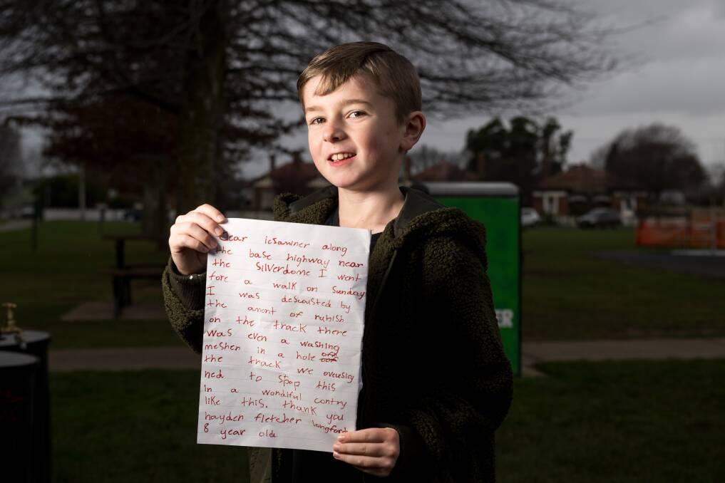 Eight-year-old Hayden Fletcher, of Longford, wrote a letter to the editor about rubbish he found when out on a walk. Picture by Phillip Biggs