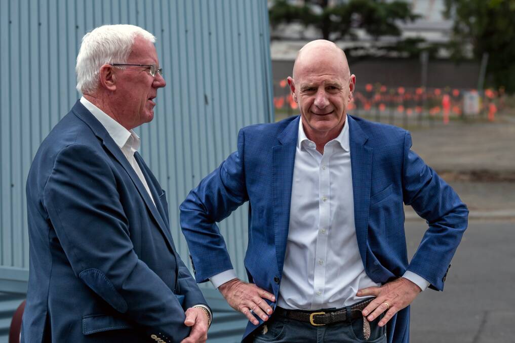Former premier Peter Gutwein (right) discusses Tasmania's AFL bid with Launceston developer Errol Stewart. Picture by Phillip Biggs
