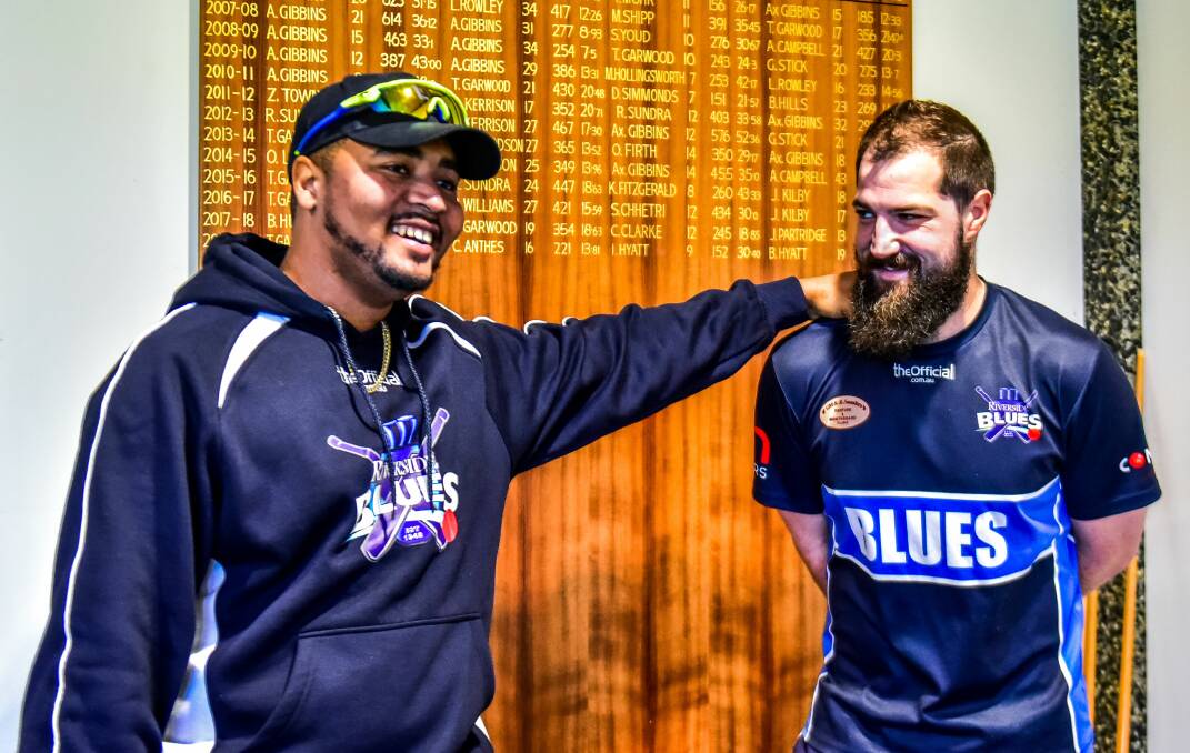 BLUE BOYS: Riverside's West Indian recruit Kirk Thompson meets captain Tom Garwood ahead of Saturday's Greater Northern Cup clash with Latrobe. Picture: Neil Richardson 