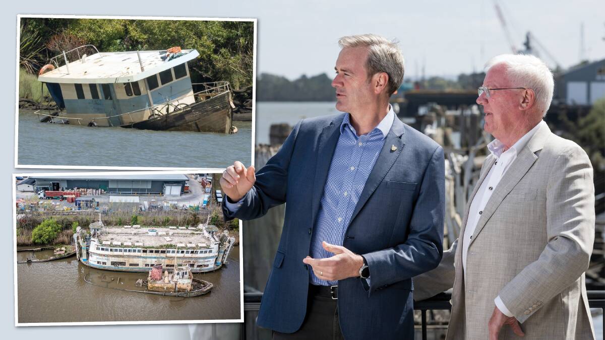 Transport Minister Michael Ferguson and Silo Hotel owner Errol Stewart assess the waterway near Kings Wharf. Pictures by Phillip Biggs, Craig George