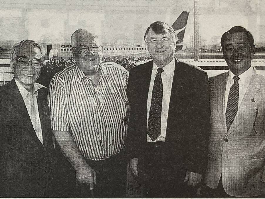 Dr Takuji Okazaki wth Geoff Finney, former Launceston mayor John Lees, and former Ikeda mayor Kaoru Kurata in 1996. File picture