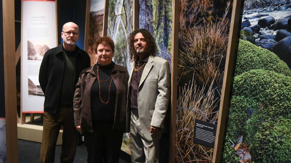 PAST AND PRESENT: The First Tasmanians curator Greg Lehman and Aboriginal Reference Group members Lola Greeno and David Mangenner Gough. Picture: Neil Richardson 