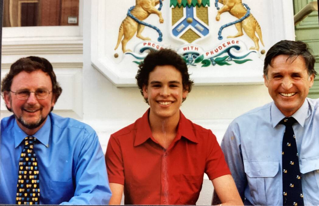 Late Launceston mayor John Lees with Charlie and Peter Stackhouse ahead of Charlie's trip to Ikeda in 1999. Picture supplied