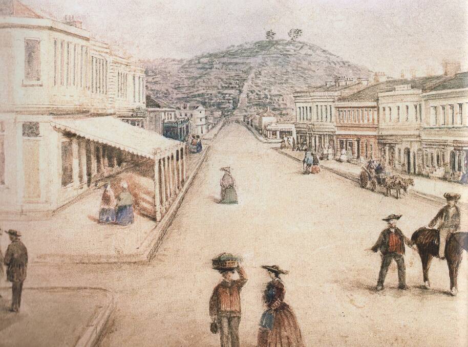 A painting of Brisbane St Launceston, circa 1856, by Frederick Strange. Picture by QVMAG collection