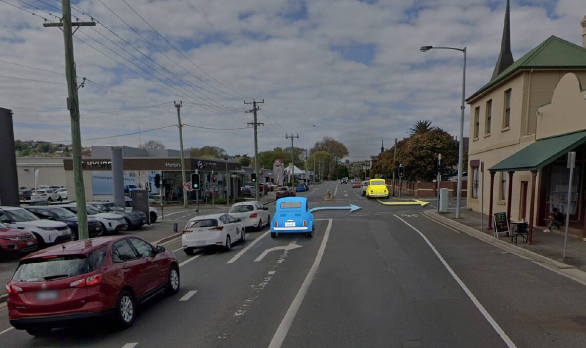 At the Margaret and York street intersection, the blue car must turn into the right lane and the yellow car into the left. Once through the intersection, both are free to indicate and change lanes. 