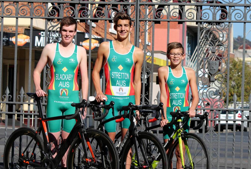 TRI TRIO: Launceston triathletes Will Blackaby, 17, Ethan Stretton, 16, and Blake Stretton, 12, will compete in the all-schools triathlon in Penrith next week. Picture: Hamish Geale
