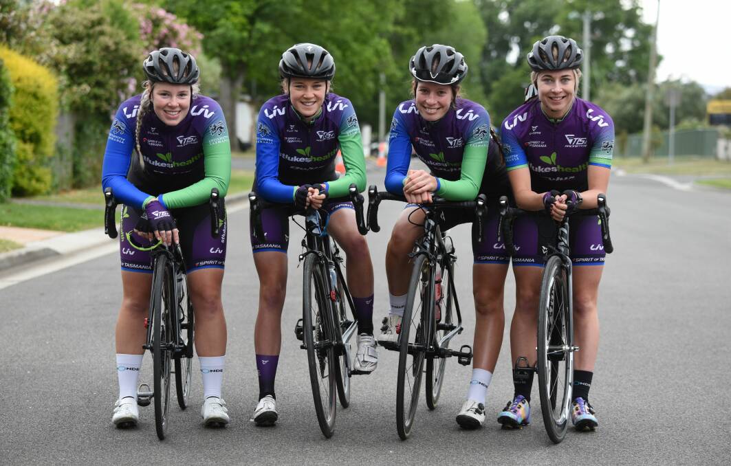 READY TO RIDE: Lauren Perry, Catelyn Turner, Ruby Roseman-Gannon and Nicole Frain. All but Victorian Roseman-Gannon will compete in Saturday's state road championships. 