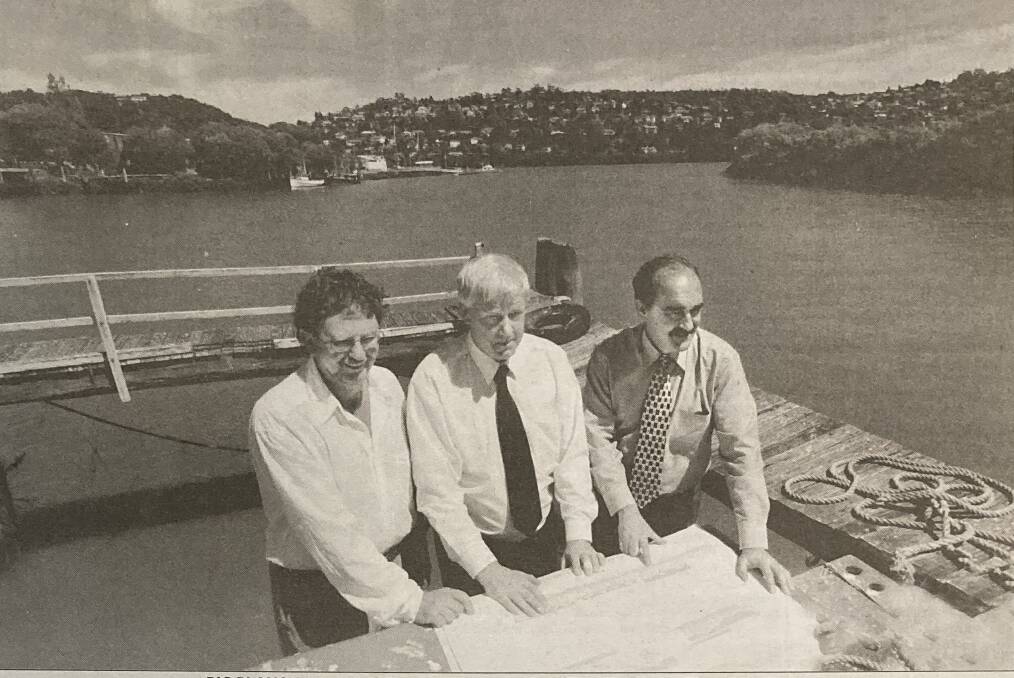 Launceston mayor John Lees, Mr Stewart and Jim Bacon standing on the Mudbar and Levee corner in 2001. File picture