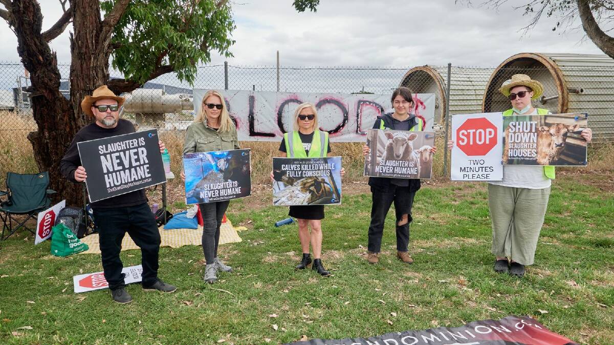 Protesters Dan Spice, Catherine Webster, Eliza Allan, Isabel Minanya and Gabby Knox outside Tasmanian Quality Meats. Picture by Rod Thompson