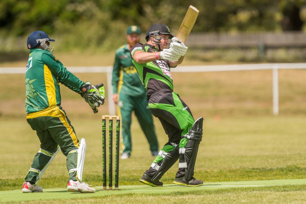 SLAPPED AWAY: Perth batsman Matt Lawrence on his way to a handy 26 against Legana. Picture: Phillip Biggs