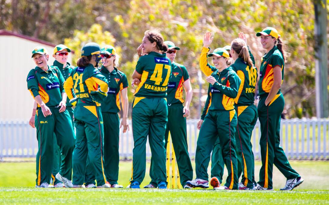 STANDING TALL: Tasmania celebrates a wicket against Victoria. Picture: Solstice Digital