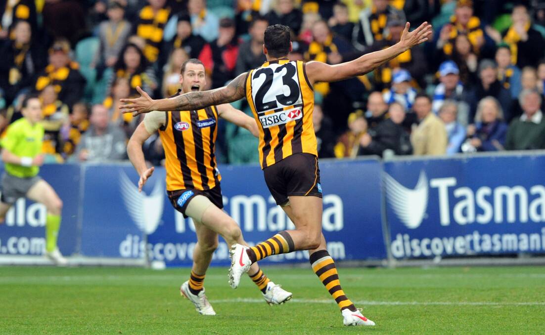 TWIN TOWERS: Premiership teammates Jarryd Roughead and Lance Franklin enjoyed many fruitful afternoons together at UTAS Stadium. 