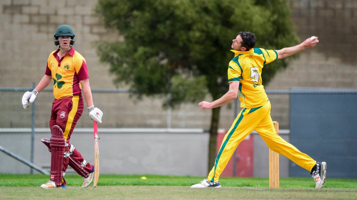NUTTING TO SEE HERE: South Launceston paceman Gavin Nutting strides through the crease as Westbury opener Kaleb Williams looks on. Picture: Neil Richardson