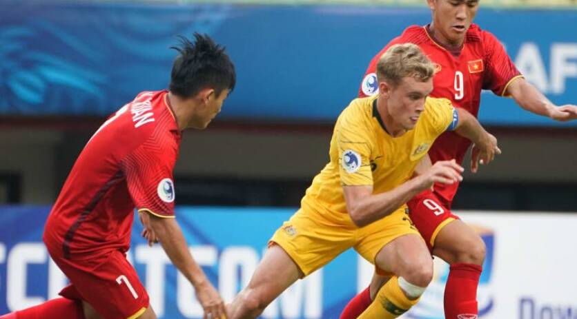 STEPPING UP: Riverside's Nathaniel Atkinson skippered the Young Socceroos in Indonesia on Monday night. Picture: Twitter