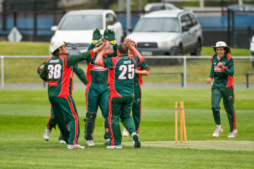 The Lions celebrate a wicket.