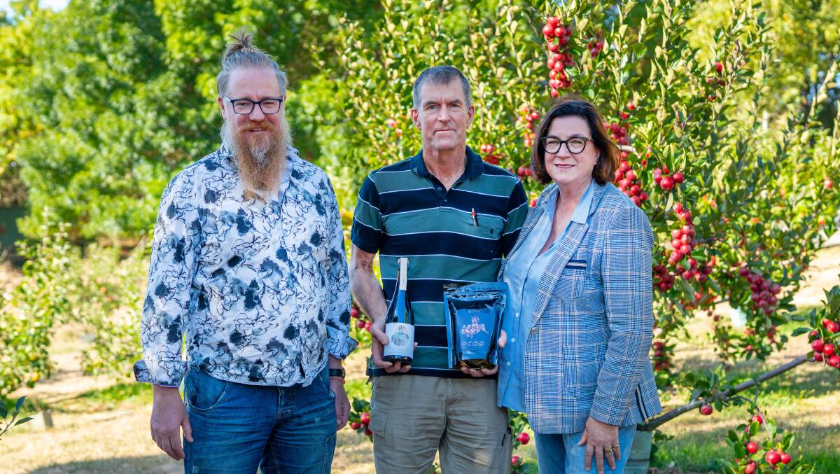 Project lead Dwayne Baraka, Brady's Lookout Cider co-owner Chris Brown and FermenTasmania chair Kim Seagram. Picture supplied