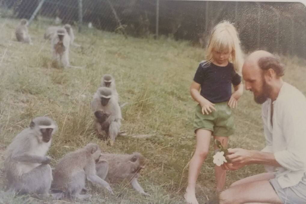 LEARNING: Greta and her father in Kwazulu-Natal in 1979 with Vervet Monkeys.