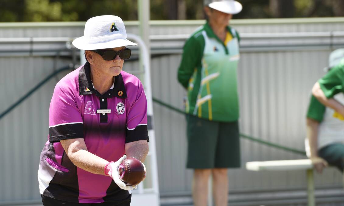 CONCENTRATION: Ridgley bowler Gaye Butler lines up her next bowl. Picture: Brodie Weeding